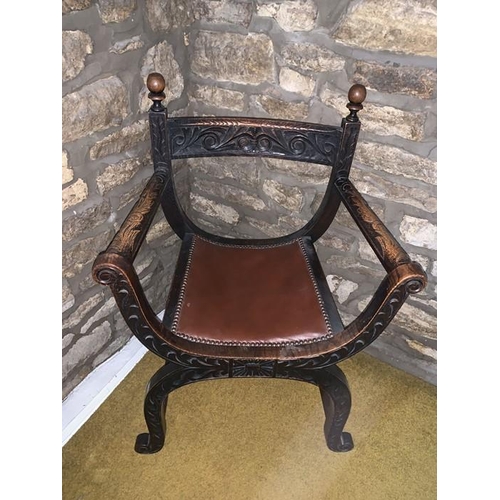 1174 - Framed oak chair with leather seat. 62 w x 43 d x 89cms h.