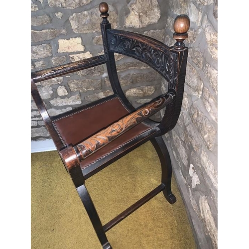 1174 - Framed oak chair with leather seat. 62 w x 43 d x 89cms h.