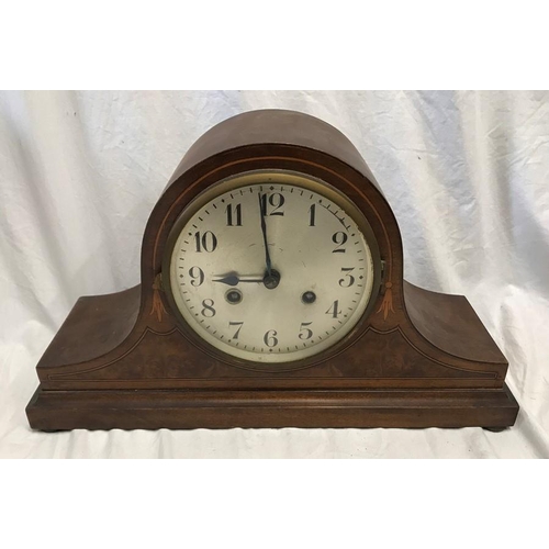 1179 - Mahogany inlaid Mantel clock DRGM movement, steel face. 41 w x 25 h x 13cms d.