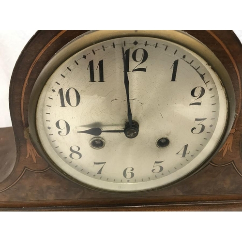 1179 - Mahogany inlaid Mantel clock DRGM movement, steel face. 41 w x 25 h x 13cms d.