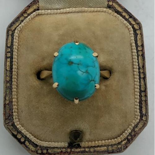 118 - Turquoise dress ring set in 9ct gold, size N, 4gms total weight in vintage ring box.