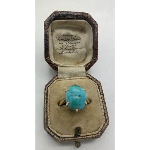 118 - Turquoise dress ring set in 9ct gold, size N, 4gms total weight in vintage ring box.