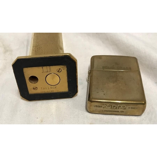 1184 - Dunhill tallboy gold plated table cigarette lighter 11cms h and brass zippo petrol lighter.