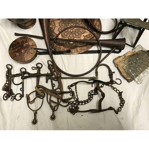 1185 - Large lot of copper and brassware. Copper kettle, watering can, Indian jug and tray, Hunting horns x... 