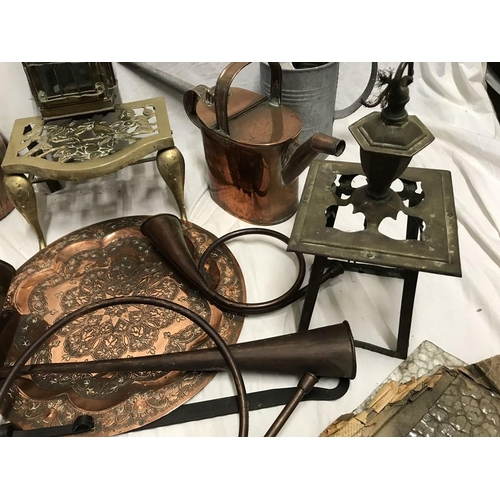 1185 - Large lot of copper and brassware. Copper kettle, watering can, Indian jug and tray, Hunting horns x... 