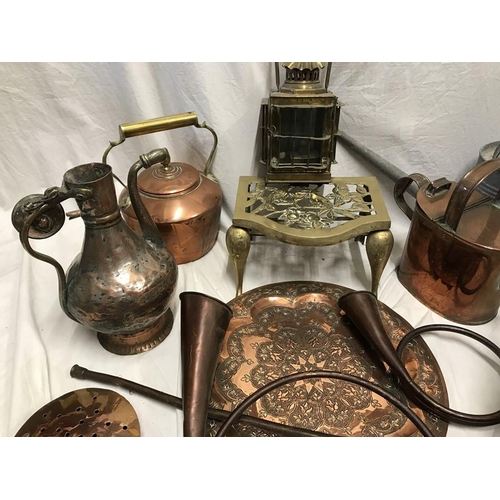 1185 - Large lot of copper and brassware. Copper kettle, watering can, Indian jug and tray, Hunting horns x... 