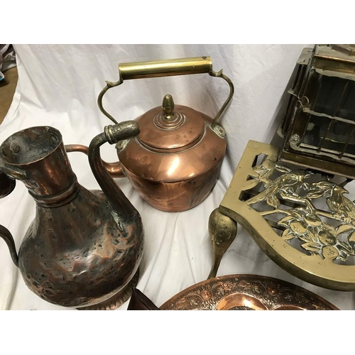 1185 - Large lot of copper and brassware. Copper kettle, watering can, Indian jug and tray, Hunting horns x... 