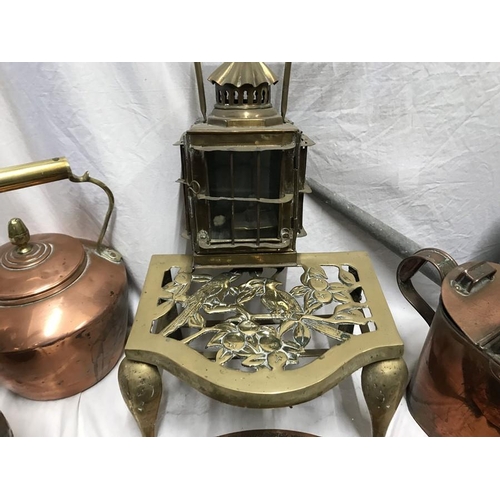 1185 - Large lot of copper and brassware. Copper kettle, watering can, Indian jug and tray, Hunting horns x... 