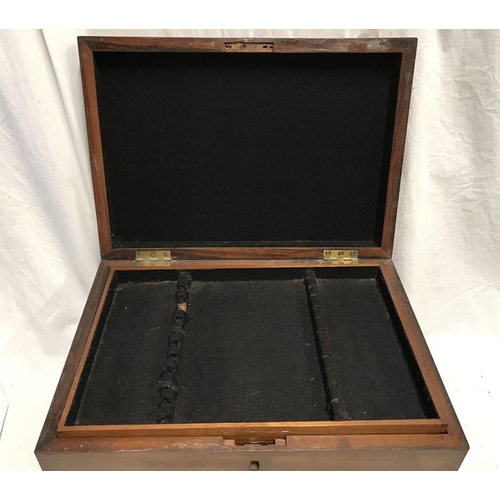 1186 - Large mahogany box, cloth lined with two inner trays, inlet carry handles. 43 w x 30 d x 26cms h.