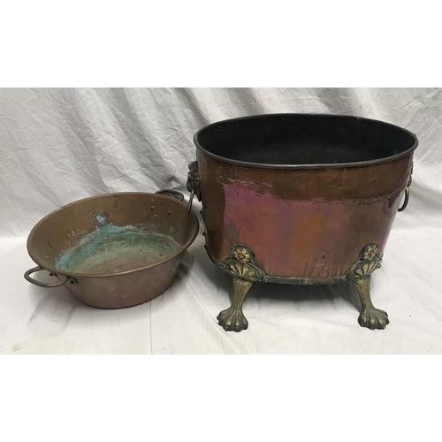 1188 - Copper and brass log bucket with lions head handles and paw feet. Oval shaped 42 w x 31 x 33cms h to... 