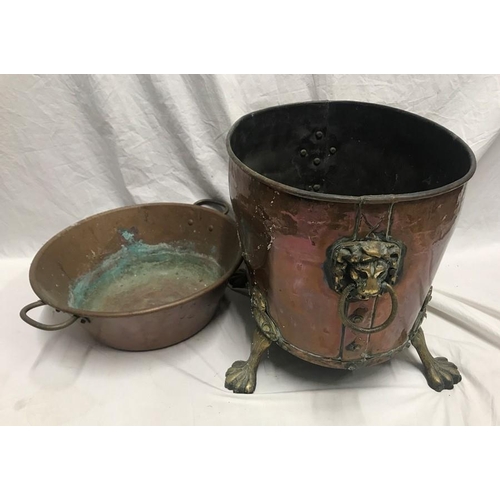 1188 - Copper and brass log bucket with lions head handles and paw feet. Oval shaped 42 w x 31 x 33cms h to... 