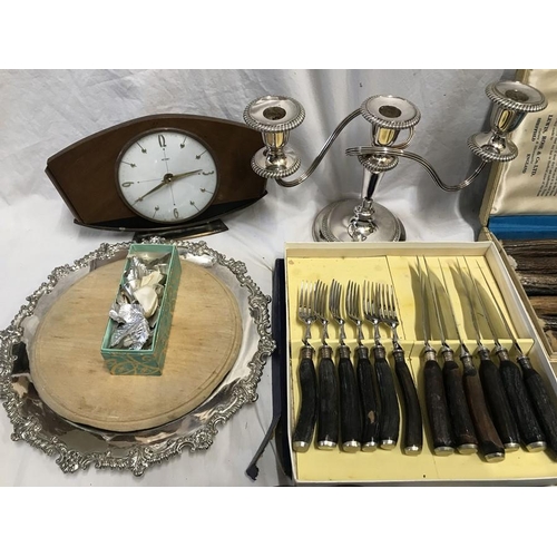 1191 - Mixed lot. Horn handled cutlery, Wedgwood Mother plates 1973, 16.5cms w, Metamec clock. 3 branch sil... 