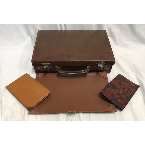 1193 - Small brown leather case with fitted compartment interior and writing pad. 36 w x 24 x 9cms d togeth... 