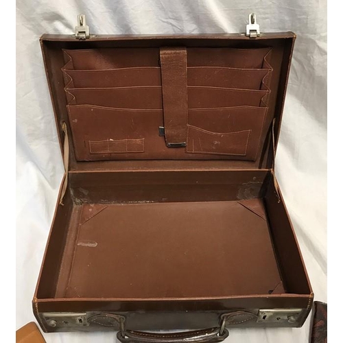 1193 - Small brown leather case with fitted compartment interior and writing pad. 36 w x 24 x 9cms d togeth... 