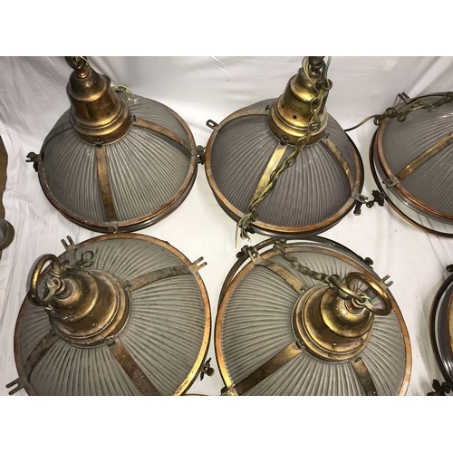 1206 - Seven large original hanging Holophane lights with galvanised brass fittings and hanging chains. 37c... 