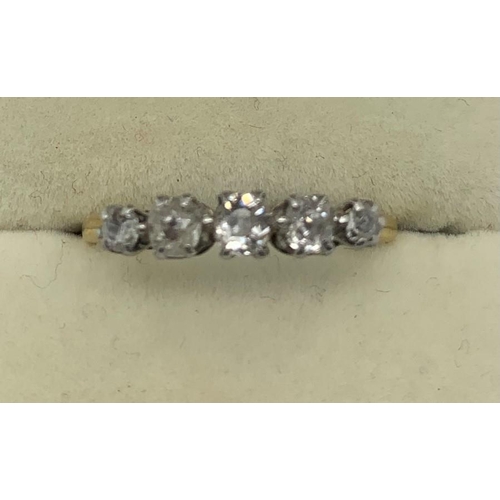 121 - Five stone diamond ring set in yellow metal, marks rubbed, size Q, 2.5gms total.