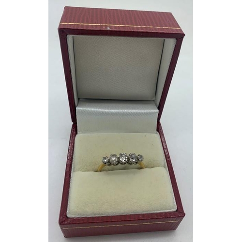 121 - Five stone diamond ring set in yellow metal, marks rubbed, size Q, 2.5gms total.