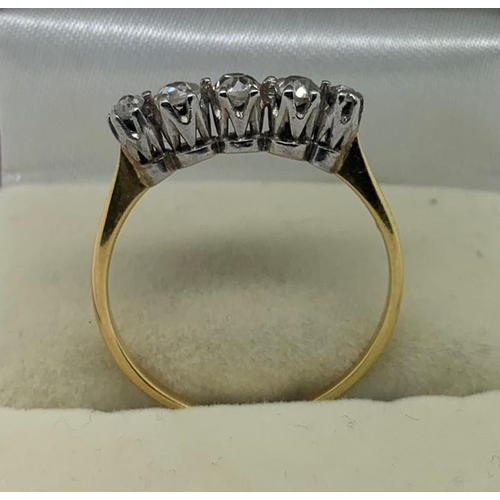 121 - Five stone diamond ring set in yellow metal, marks rubbed, size Q, 2.5gms total.