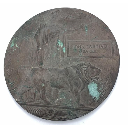 1217 - A death plaque 'Dead Mans Penny' awarded to John William Baker.