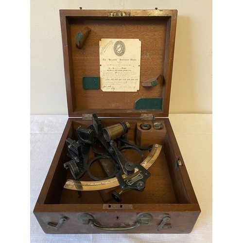 1219 - British marine Hezzanith sextant 1932 complete with mahogany storage with brass carrying case and ac... 