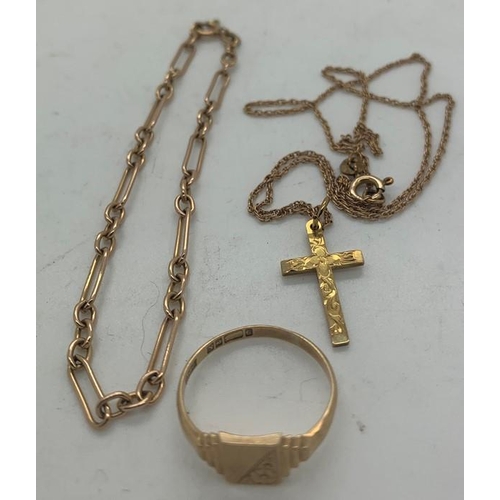 123 - Nine carat gold to include signet ring, crucifix on chain 42cms l and chain link bracelet, total wei... 