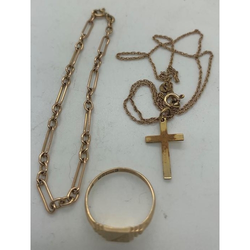 123 - Nine carat gold to include signet ring, crucifix on chain 42cms l and chain link bracelet, total wei... 