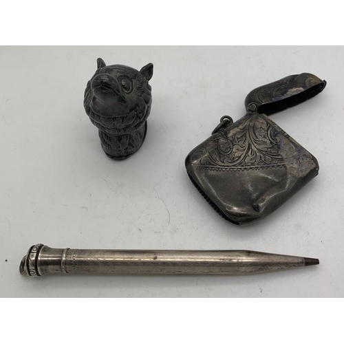 1240 - Two vesta cases. One hallmarked silver the other a fox head. also a sterling Eversharp pencil.