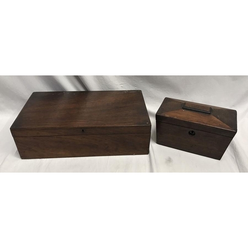 1246 - Mahogany writing box 35 w x 21 d x 10cms h and a mahogany sarcophagus tea caddy 20 w x 11 d x 12cms ... 