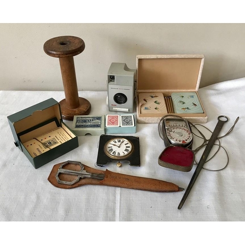 1259 - Miscellany to include Kodak camera, long wooden box, skewer, Weston Master light meter, playing card... 