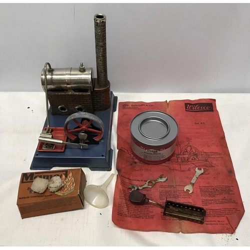 126 - Wilesco German tinplate steam boiler with accessories and instruction leaflet. Base plate measures 2... 