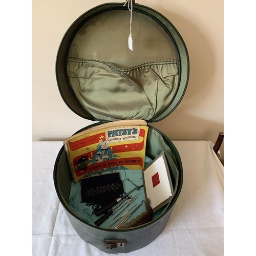 1265 - Vintage hat box and contents to include beadwork bag. Patsy's Christmas Reflections, Learn to Cook b... 