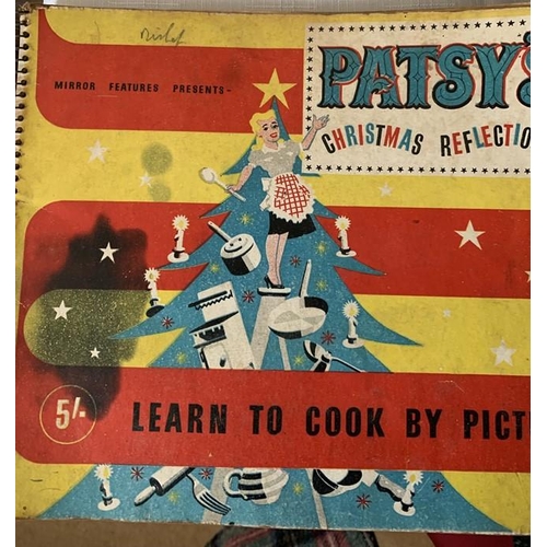 1265 - Vintage hat box and contents to include beadwork bag. Patsy's Christmas Reflections, Learn to Cook b... 