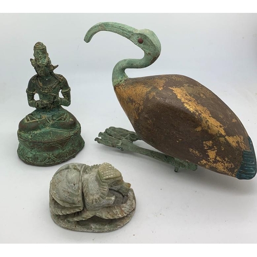 1266 - Three Egyptian and Thai ornaments including Ibis, Scarab and metal Buddha, 12cms h.