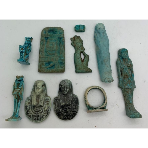 1267 - Egyptian Ushabti, ring etc, 6.55cms h. Tallest 6.5cms.