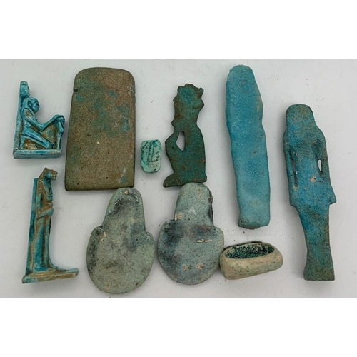 1267 - Egyptian Ushabti, ring etc, 6.55cms h. Tallest 6.5cms.