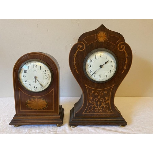 1275 - Two mahogany inlaid mantle clocks. 30 h x 18cms w and 23 h x 15.5cms w.