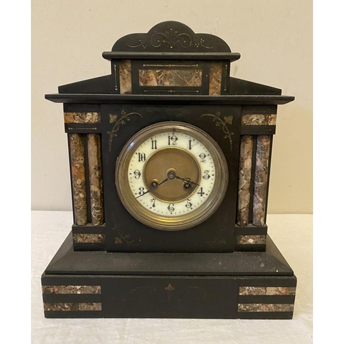 1279 - Black slate and marble mantle clock with 4 Corinthian columns with key, sounding on gong. 28 w x 32c... 