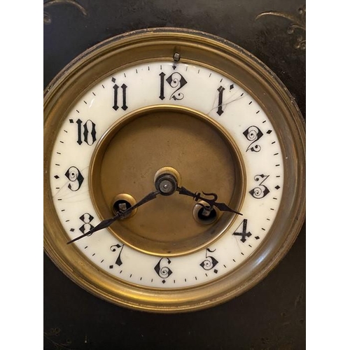 1279 - Black slate and marble mantle clock with 4 Corinthian columns with key, sounding on gong. 28 w x 32c... 