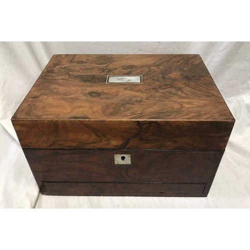 128 - Walnut stationary box with drawer and mother of pearl escutcheon 31 w x 23 d x 18cms h.