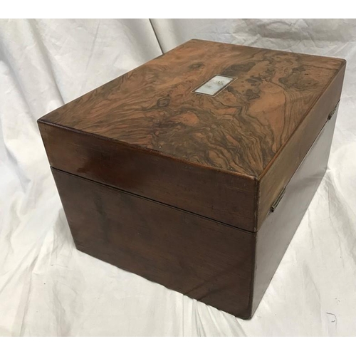 128 - Walnut stationary box with drawer and mother of pearl escutcheon 31 w x 23 d x 18cms h.