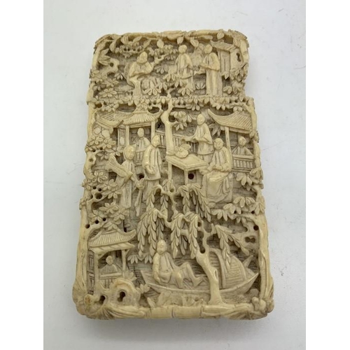 1290 - Ivory visiting card case with highly decorated deep carving with trees, people, boats and temples. 9... 