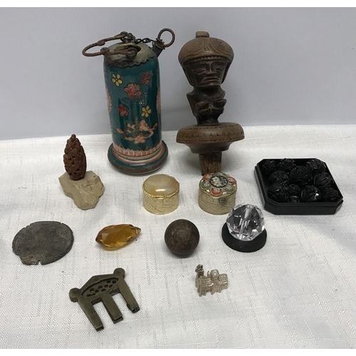 1294 - Selection of small items, Aztec carving bottle stopper, carved monkey nut, musket ball, jet beads, p... 