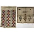 Two pictorial samplers, one 19thC with poem and Adam and Eve, 45 x 43cms and a Indian brightly colou... 