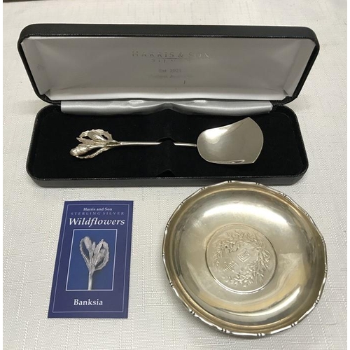 132 - Harris and Son sterling silver wildflowers spoon Banksia with box and a sterling silver pin dish mad... 