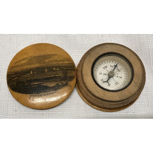 135 - Small Mauchline ware compass box with a view of Sheringham to the lid, approx 5cms w.