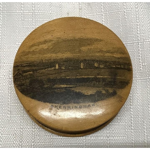 135 - Small Mauchline ware compass box with a view of Sheringham to the lid, approx 5cms w.