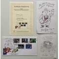 A collection of 3 John Ryan signed and hand-drawn sketches, 1 on a First Day Cover (stamped 1996) an... 