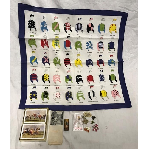 141 - Mixed lot, Headscarf with racehorse owner colours, 49cms square, Racehorse playing cards, small tin ... 