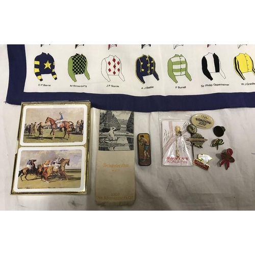 141 - Mixed lot, Headscarf with racehorse owner colours, 49cms square, Racehorse playing cards, small tin ... 