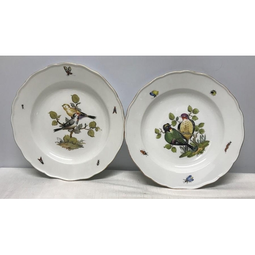 145 - Pair of Meissen handpainted plates. Birds and insects, blue cross sword mark, 25cms w.